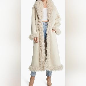 AZALEA WANG Longline Trench Coat with Faur Fur Trim size small. Beige
